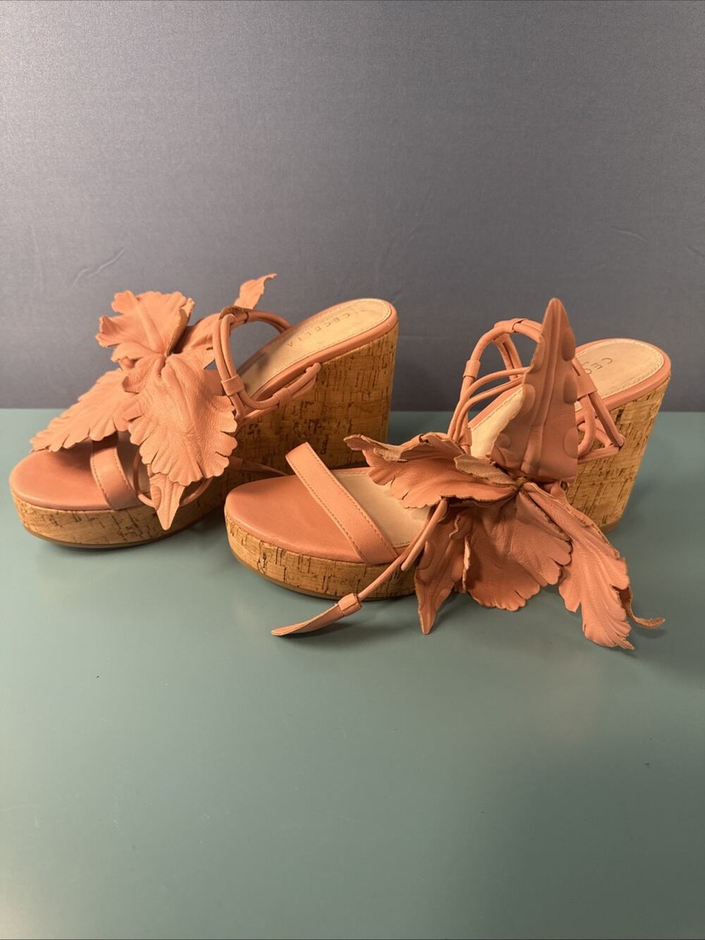 Cecelia Shoes New York Lily Cork Platform Wedge Pink Floral Sandal Heel 4" 8.5